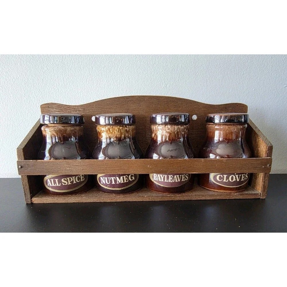 Stoneware Spice Jars Set of 4 with Rack Vintage Japan Brown Glaze